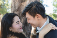 Portrait of young couples at pine forest,valentine day concept
